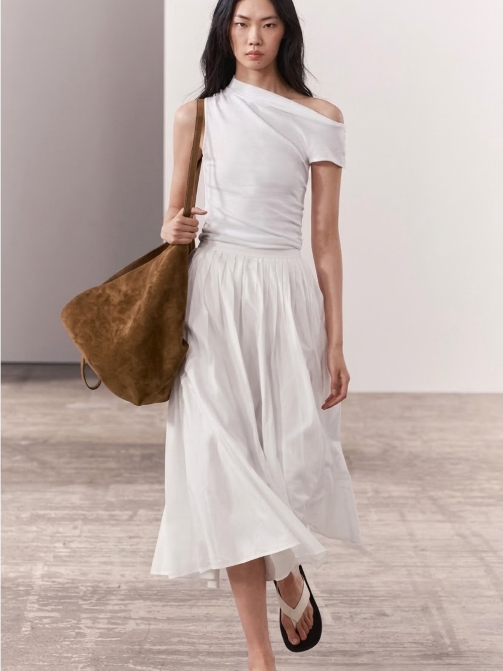 Zara White Midi Pleated Skirt - Women's Flowy 100% Cotton Size L